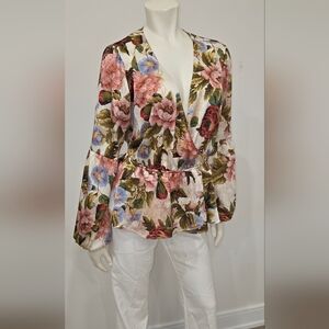 NWOT Guess Lyndi Floral Print Peplum Wrap Blouse M